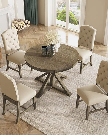 NicBex Kitchen Table Set Dining Room Table Set for 4 Retro Style Dining Table Set with Extendable Table and 4 Upholstered Chairs for Dining Room and Living Room, Natural Wood Wash - LeafyLoom
