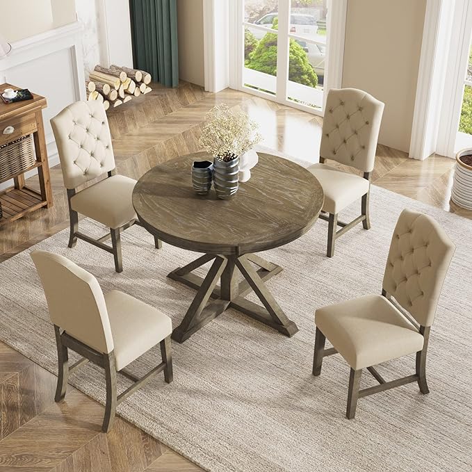 NicBex Kitchen Table Set Dining Room Table Set for 4 Retro Style Dining Table Set with Extendable Table and 4 Upholstered Chairs for Dining Room and Living Room, Natural Wood Wash - LeafyLoom