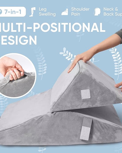 Adjustable Bed Wedge Pillow for Sleeping - 7 in 1 Incline Folding Memory Foam Cushion - Body Positioner System for Legs or Back | Support Pillow Helps Acid Reflux, Anti Snoring, Heartburn, GERD - LeafyLoom