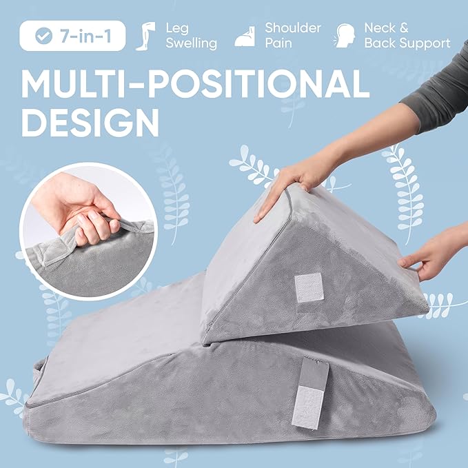 Adjustable Bed Wedge Pillow for Sleeping - 7 in 1 Incline Folding Memory Foam Cushion - Body Positioner System for Legs or Back | Support Pillow Helps Acid Reflux, Anti Snoring, Heartburn, GERD - LeafyLoom
