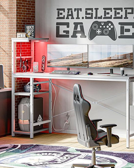 Bestier Gaming Desk with Power Outlets, 61 Inch Large Led Gamer Desk with 4 Tiers Reversible Shelves, PC Gaming Table with Headset Hook & Side Storage Bag for Bedroom (Grey 3D Carbon Fiber) - LeafyLoom