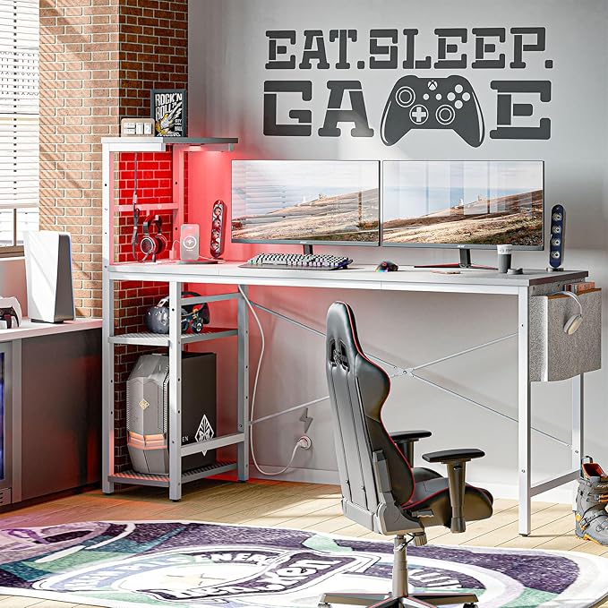 Bestier Gaming Desk with Power Outlets, 61 Inch Large Led Gamer Desk with 4 Tiers Reversible Shelves, PC Gaming Table with Headset Hook & Side Storage Bag for Bedroom (Grey 3D Carbon Fiber) - LeafyLoom