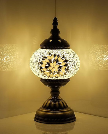 Turkish Mosaic Lamp Bohemian Tiffany Style Moroccan Bedside Lamps for Bedroom (White) - LeafyLoom