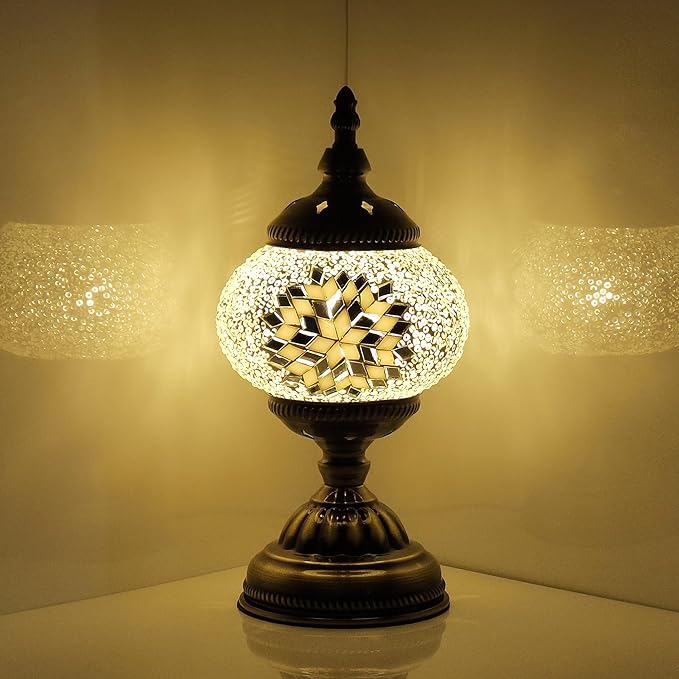 Turkish Mosaic Lamp Bohemian Tiffany Style Moroccan Bedside Lamps for Bedroom (White) - LeafyLoom