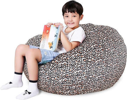 Lukeight Stuffed Animal Storage Bean Bag Chair Cover for Kids, Stuffed Animal Bean Bag Storage, Zipper Beanbag Chair Cover for Organizing Toddler & Kids' Rooms Plush Toys (Leopard Velvet, Large) - LeafyLoom