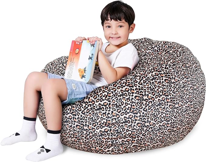 Lukeight Stuffed Animal Storage Bean Bag Chair Cover for Kids, Stuffed Animal Bean Bag Storage, Zipper Beanbag Chair Cover for Organizing Toddler & Kids' Rooms Plush Toys (Leopard Velvet, Large) - LeafyLoom