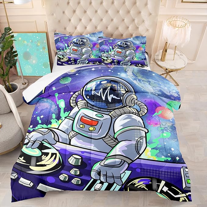 Outer Space Astronaut Full Comforter Sets for Teens Boys Galaxy Astronaut Space Bedding Themed Bedroom Decor Kids Comforter Sets Boys Room, 1 Comforter 2 Pillowcases - LeafyLoom