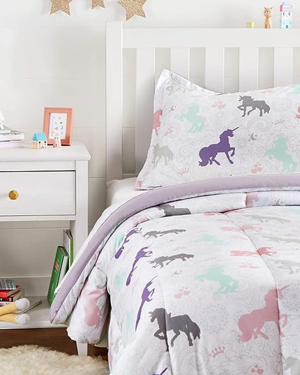 Amazon Basics Easy-Wash Microfiber Kid's 2-Piece Comforter and Pillow Sham Set, Animal Printed, Twin, Purple Unicorns - LeafyLoom