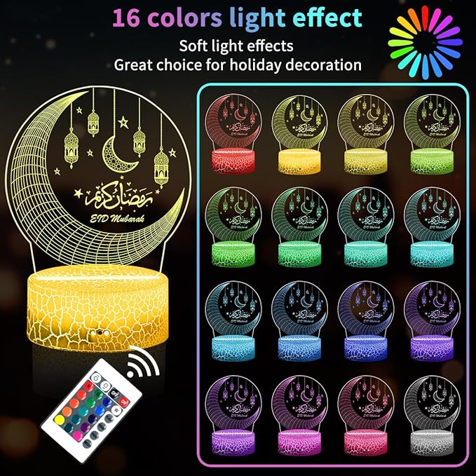 Ramadan Mubarak Decorations, Ramadan LED Night Light with Remote 16 Color Flashing, Eid al-Fitr Mubarak 3D Star Moon Lights for Bedroom Ramadan Gifts for Islamic Holiday Believers Muslims Home Decor - LeafyLoom