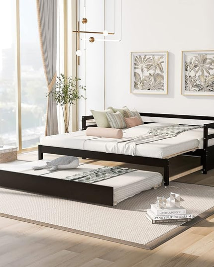 Wooden Extendable Daybed, Twin to King Daybed Frame with Trundle, Extending Sofa Bed for Living Room Bedroom Guest Room, Espresso - LeafyLoom