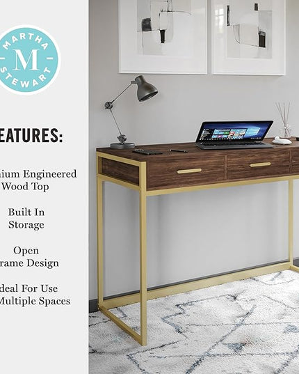 Martha Stewart Ollie Home Office Desk with 3 Drawers in Walnut Wood Grain with Polished Brass Hardware - LeafyLoom