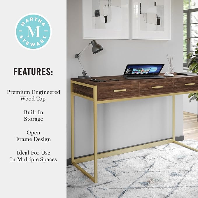 Martha Stewart Ollie Home Office Desk with 3 Drawers in Walnut Wood Grain with Polished Brass Hardware - LeafyLoom