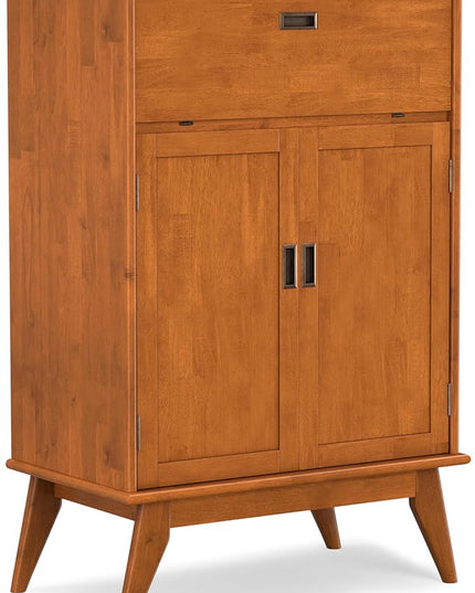 SIMPLIHOME Draper SOLID HARDWOOD Mid Century Modern 32 inch Wide Bar Cabinet in Teak Brown for The Living room, dining room and kitchen - LeafyLoom