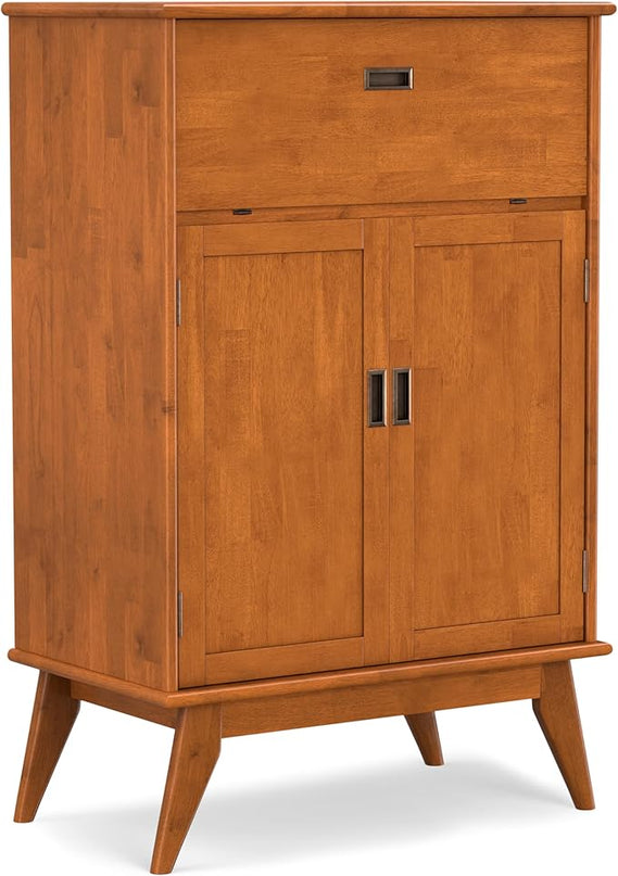 SIMPLIHOME Draper SOLID HARDWOOD Mid Century Modern 32 inch Wide Bar Cabinet in Teak Brown for The Living room, dining room and kitchen - LeafyLoom