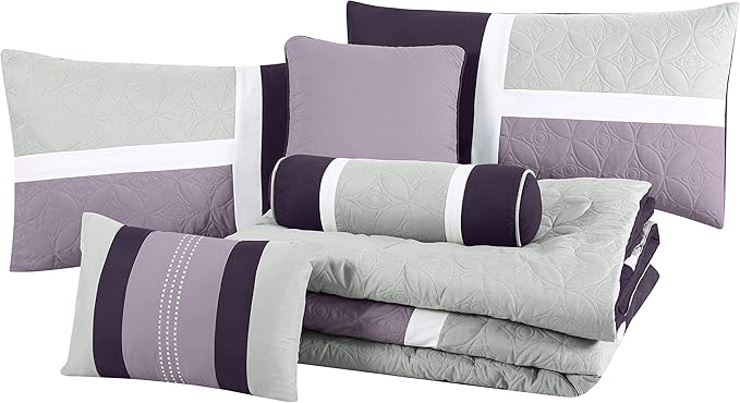 Chezmoi Collection Upland 7-Piece Quilted Patchwork Comforter Set, Lavender/Gray/Purple, California King - LeafyLoom