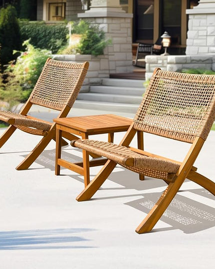 Twisted Wicker Wood Foldable Reclining Bistro Set - LeafyLoom