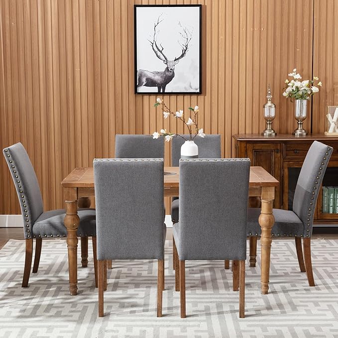 COLAMY Modern Wood Dining Chairs Set of 6, Parsons Dining Chairs, 19 Inch Padded Dining Chairs with Nailed Trim for Kitchen Dining Living Room, Grey - LeafyLoom