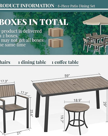 Pamapic 8-Piece Patio Dining Set，Outdoor Aluminum Furniture Set with Plastic-Wood Table Top,Outdoor Furniture Set with 6 Outdoor Stackable Chairs for Patio Garden Poolside，Walnut - LeafyLoom