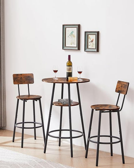 Dining Table Set for 2, Bar Table and Chairs Set, Industrial Counter Height Round Bar Table with Storage Shelf, and 2 Stools with Backrest & Footrest, for Kitchen, Bar, Small Space, Rustic Brown - LeafyLoom