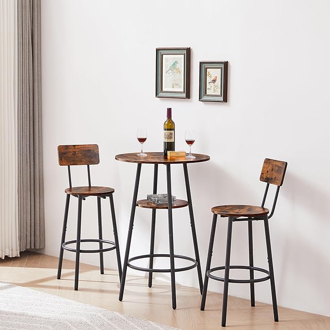 Dining Table Set for 2, Bar Table and Chairs Set, Industrial Counter Height Round Bar Table with Storage Shelf, and 2 Stools with Backrest & Footrest, for Kitchen, Bar, Small Space, Rustic Brown - LeafyLoom