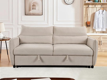 Queen Size Loveseat Sleeper Sofa,3 in 1 Soft Corduroy Upholstered Oversized Convertible Love Seat Sofabed cum Daybed W/Pull Out Sleep Couch Bed and Reclining Backrest for Living Space, 75“, Beige - LeafyLoom