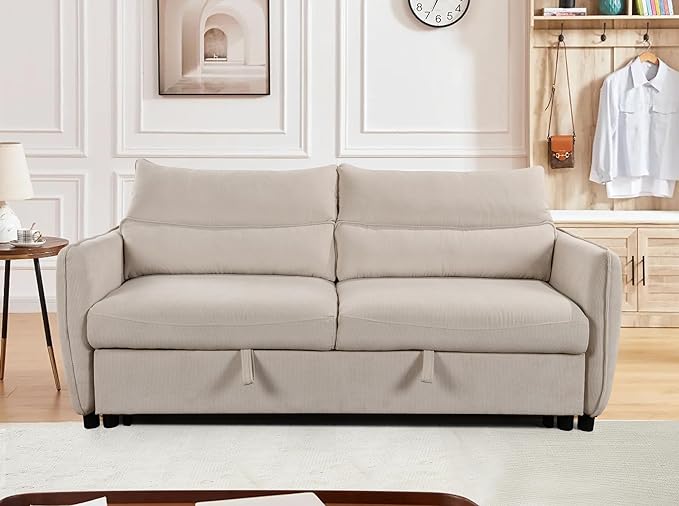 Queen Size Loveseat Sleeper Sofa,3 in 1 Soft Corduroy Upholstered Oversized Convertible Love Seat Sofabed cum Daybed W/Pull Out Sleep Couch Bed and Reclining Backrest for Living Space, 75“, Beige - LeafyLoom