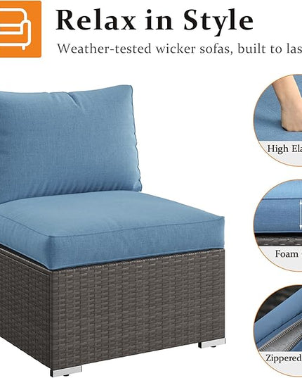 Wisteria Lane 2 Pieces Patio Furniture Sets, Outdoor Sectional Furniture with Armless Sofa, Tempered Glass Table and Cushion, Patio Conversation Sets for Garden Backyard, Blue - LeafyLoom