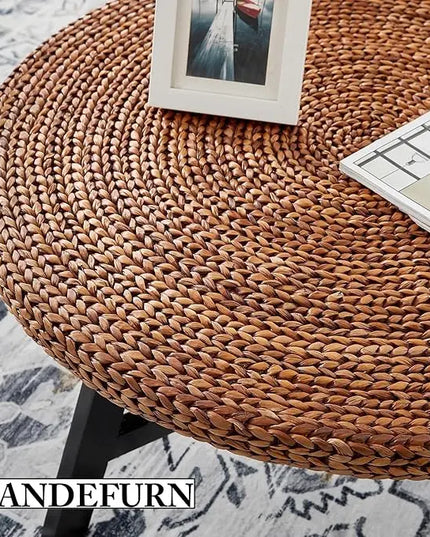 Round Coffee Table, Seagrass Coffee Solid Pine Wood X Base Frame Cocktail Table, Easy Assembled, Multiple Sizes for Living Room, 32 x 17 Inches,Gold - LeafyLoom