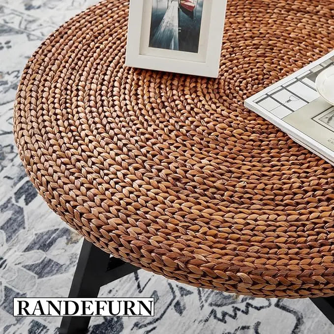 Round Coffee Table, Seagrass Coffee Solid Pine Wood X Base Frame Cocktail Table, Easy Assembled, Multiple Sizes for Living Room, 32 x 17 Inches,Gold - LeafyLoom