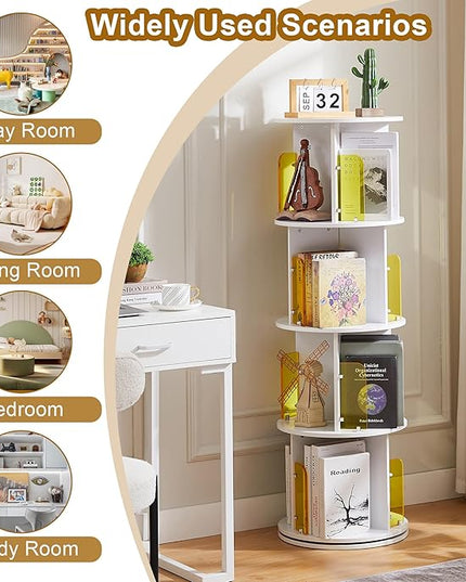 VECELO Rotating Bookshelf, 4-Tier Small Corner Display with Acrylic Window, Ideal Storage Solution for Kids and Adults in Bedrooms, Living Rooms, Space Efficient and Elegant White Design - LeafyLoom