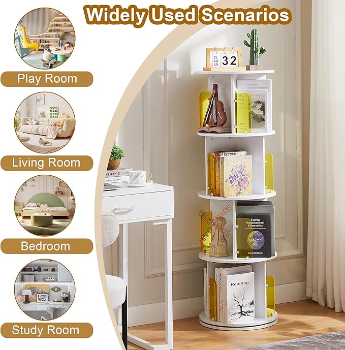 VECELO Rotating Bookshelf, 4-Tier Small Corner Display with Acrylic Window, Ideal Storage Solution for Kids and Adults in Bedrooms, Living Rooms, Space Efficient and Elegant White Design - LeafyLoom