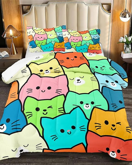 Cartoon Cat Comforter Set 3Pcs - Queen Size Cat Bedding Set for Bedroom Ultra Soft Lovely Animals Themed Comforter Set for Kids Room Decor for All-Season Boys Girls Gifts, 1 Quilt + 2 Pillowcases - LeafyLoom