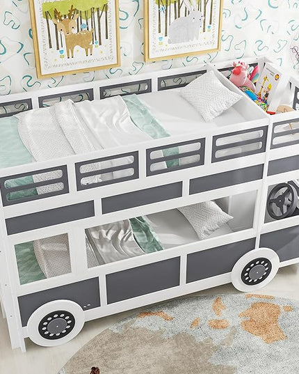 Twin over Twin Bus-shaped Bunk Bed with Wheels,Kids Car-Shaped Bedframe W/Storage,Space Saving,No Box Spring Needed,Wood Toy Bedroom Furniture for Boys Toddlers Teens Child,Gray+White - LeafyLoom