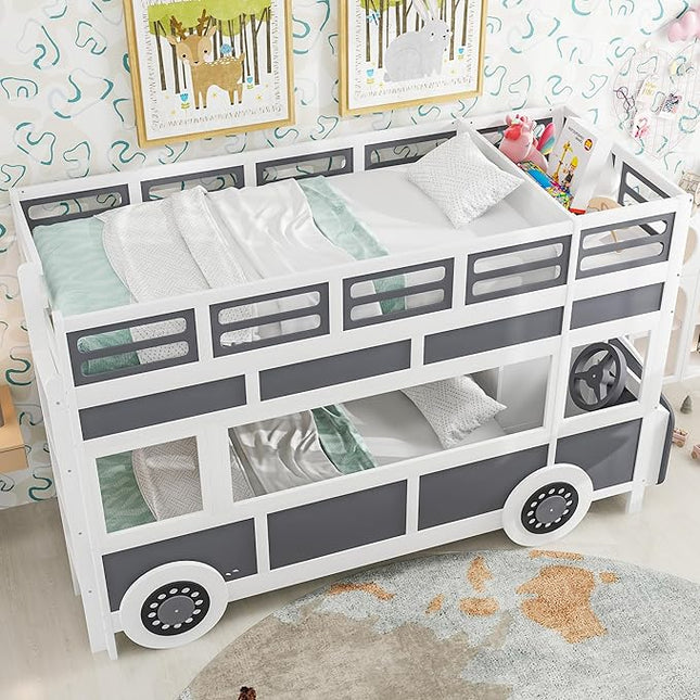 Twin over Twin Bus-shaped Bunk Bed with Wheels,Kids Car-Shaped Bedframe W/Storage,Space Saving,No Box Spring Needed,Wood Toy Bedroom Furniture for Boys Toddlers Teens Child,Gray+White - LeafyLoom