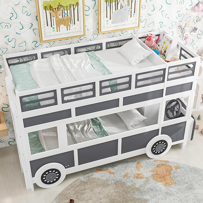 Twin over Twin Bus-shaped Bunk Bed with Wheels,Kids Car-Shaped Bedframe W/Storage,Space Saving,No Box Spring Needed,Wood Toy Bedroom Furniture for Boys Toddlers Teens Child,Gray+White - LeafyLoom