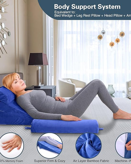 Bed Wedge Pillow Set 4Pcs for Sleeping,Elevation,Assist in Post Surgery Recovery,Acid Reflux,GERD,Snoring,Full Meory Foam,Washable Velvet Cover Roya Blue - LeafyLoom