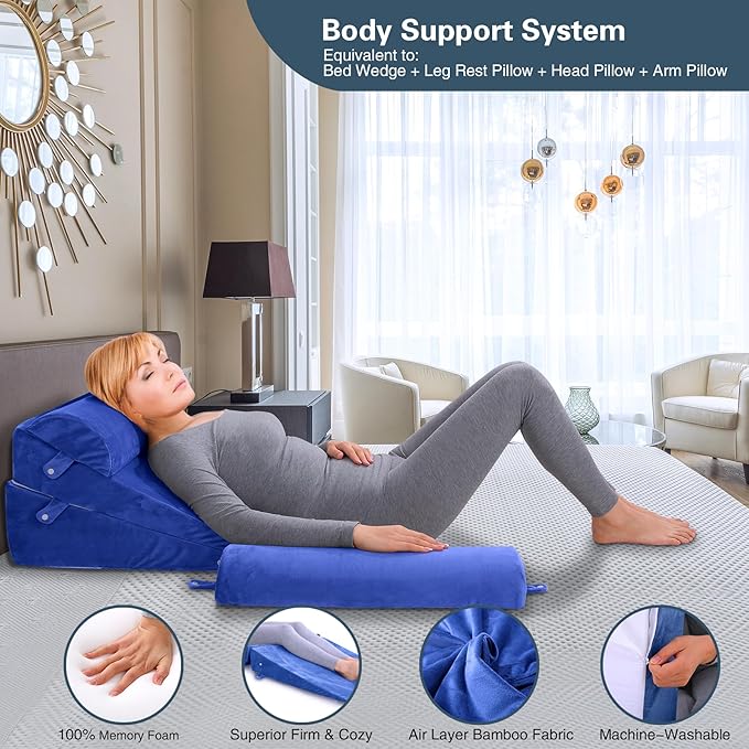 Bed Wedge Pillow Set 4Pcs for Sleeping,Elevation,Assist in Post Surgery Recovery,Acid Reflux,GERD,Snoring,Full Meory Foam,Washable Velvet Cover Roya Blue - LeafyLoom