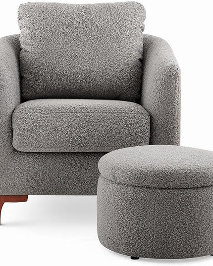 COLAMY Sherpa Accent Chair with Storage Ottoman Set, Upholstered Barrel Arm Chair with Footrest, Modern Living Room Chair with Back Pillow, Grey - LeafyLoom