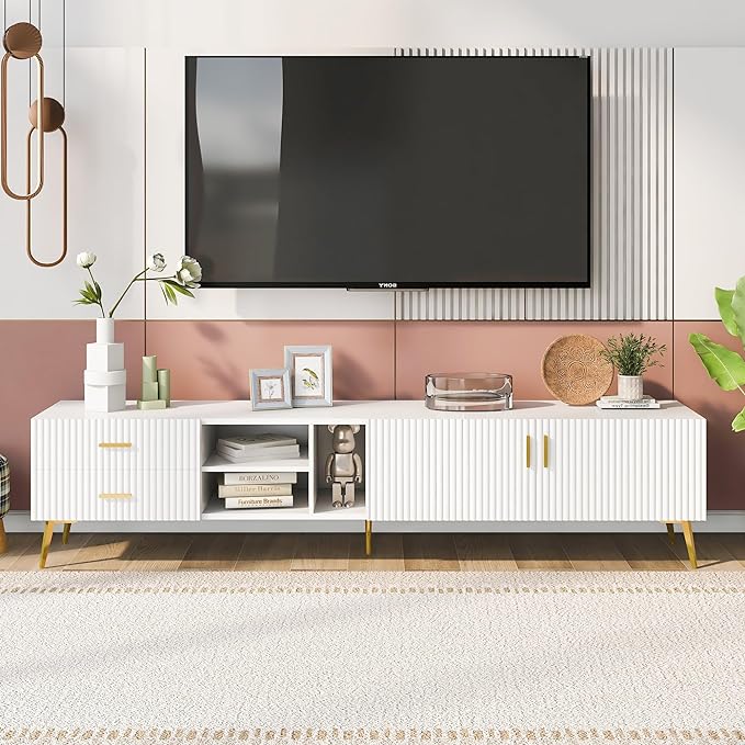 71 Inch TV Stand, Modern Television Stands with Drawers, Cabinets and Open Shelf, Entertainment Center with 5 Champagne Legs for Living Room and Bedroom, White+Gold - LeafyLoom