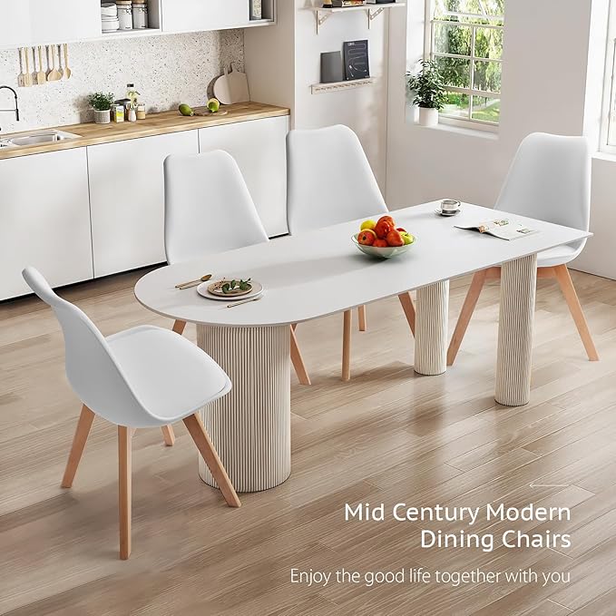 Sweetrcrispy Dining Chairs, Dining Chairs Set of 4, Dining Room Chairs, Kitchen Chairs, Mid Century Modern Chairs, PU Leather Upholstered Chairs with Wood Legs, Kitchen & Dining Room Chairs, White - LeafyLoom