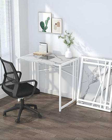 32 inch Folding Small Desk, Writing Gaming Computer Camping Desk for Small Spaces, No Assembly Required Home Office Desk, White Marble - LeafyLoom