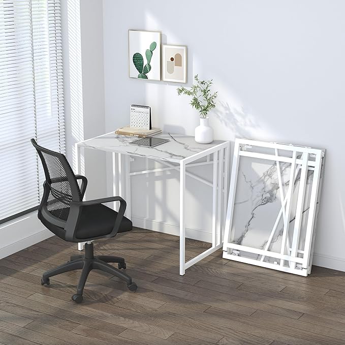 32 inch Folding Small Desk, Writing Gaming Computer Camping Desk for Small Spaces, No Assembly Required Home Office Desk, White Marble - LeafyLoom