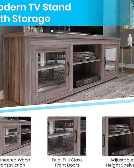 Flash Furniture Sheffield TV Stand for up to 80" TVs - Modern Gray Wash Finish & Full Glass Doors - 65" Engineered Wood Frame - 3 Height Adjustable Shelves - LeafyLoom