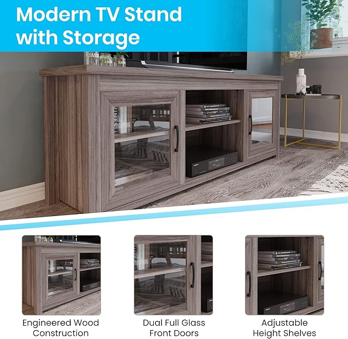 Flash Furniture Sheffield TV Stand for up to 80" TVs - Modern Gray Wash Finish & Full Glass Doors - 65" Engineered Wood Frame - 3 Height Adjustable Shelves - LeafyLoom