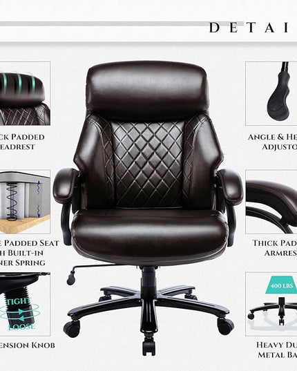 Big and Tall Office Chair 400lbs-Heavy Duty Executive Desk Chair with Extra Wide Seat, High Back Ergonomic Leather Computer Chair with Tilt Rock&Tension, Padded Armrests-Diamond Brown - LeafyLoom