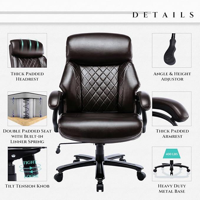 Big and Tall Office Chair 400lbs-Heavy Duty Executive Desk Chair with Extra Wide Seat, High Back Ergonomic Leather Computer Chair with Tilt Rock&Tension, Padded Armrests-Diamond Brown - LeafyLoom