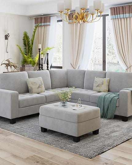 Sectional Sofa Couch w/Ottoman & Chaise, Upholstered L Shape Modular Sofa&Couch,Button Tufted Comfy for Living Room Furniture Sets, Home, LIGHT GREY CupHolders - LeafyLoom