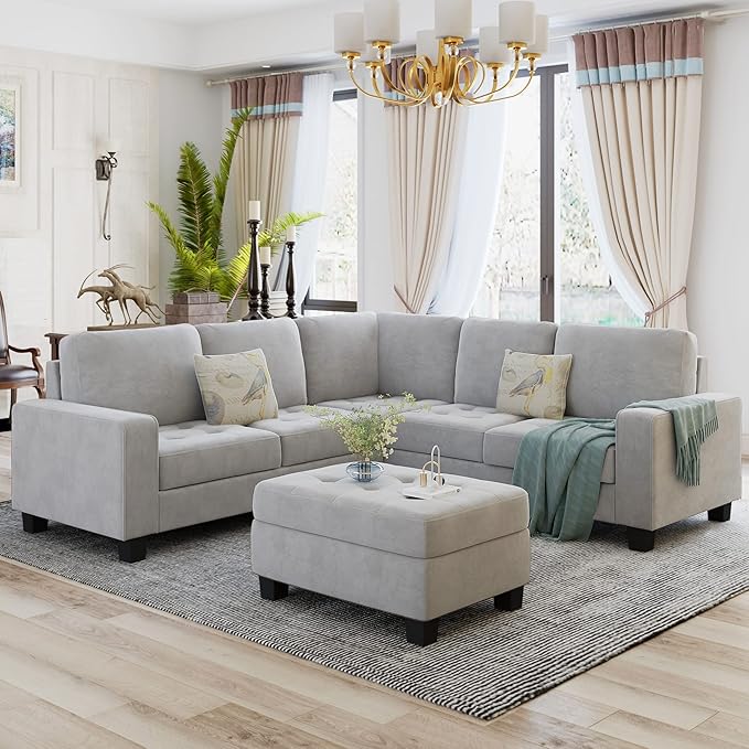 Sectional Sofa Couch w/Ottoman & Chaise, Upholstered L Shape Modular Sofa&Couch,Button Tufted Comfy for Living Room Furniture Sets, Home, LIGHT GREY CupHolders - LeafyLoom