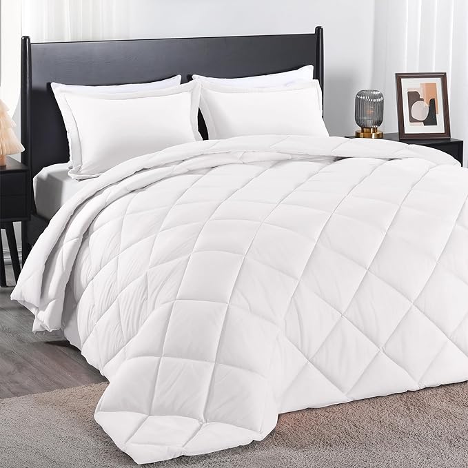 downluxe Queen Comforter Set - White Comforter Set Queen, 3 Pieces Solid Comforter Set Queen Size for All Seasons, 1 Lightweight Fluffy Comforter (88"x92") and 2 Pillow Shams - LeafyLoom