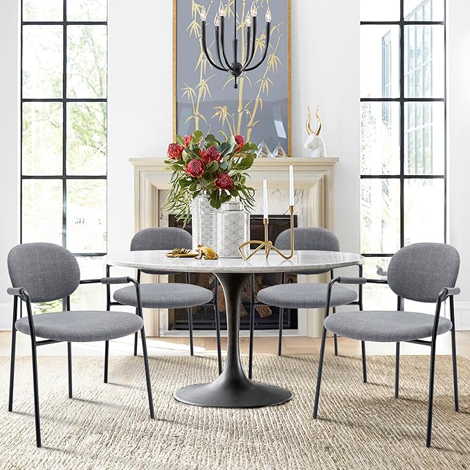 COLAMY Dining Chairs Set of 4, Fabric Dining Chairs Set of 4 with Arms, Upholstered Small Dining Armchairs with Back for Kitchen, Dining Room, Grey - LeafyLoom
